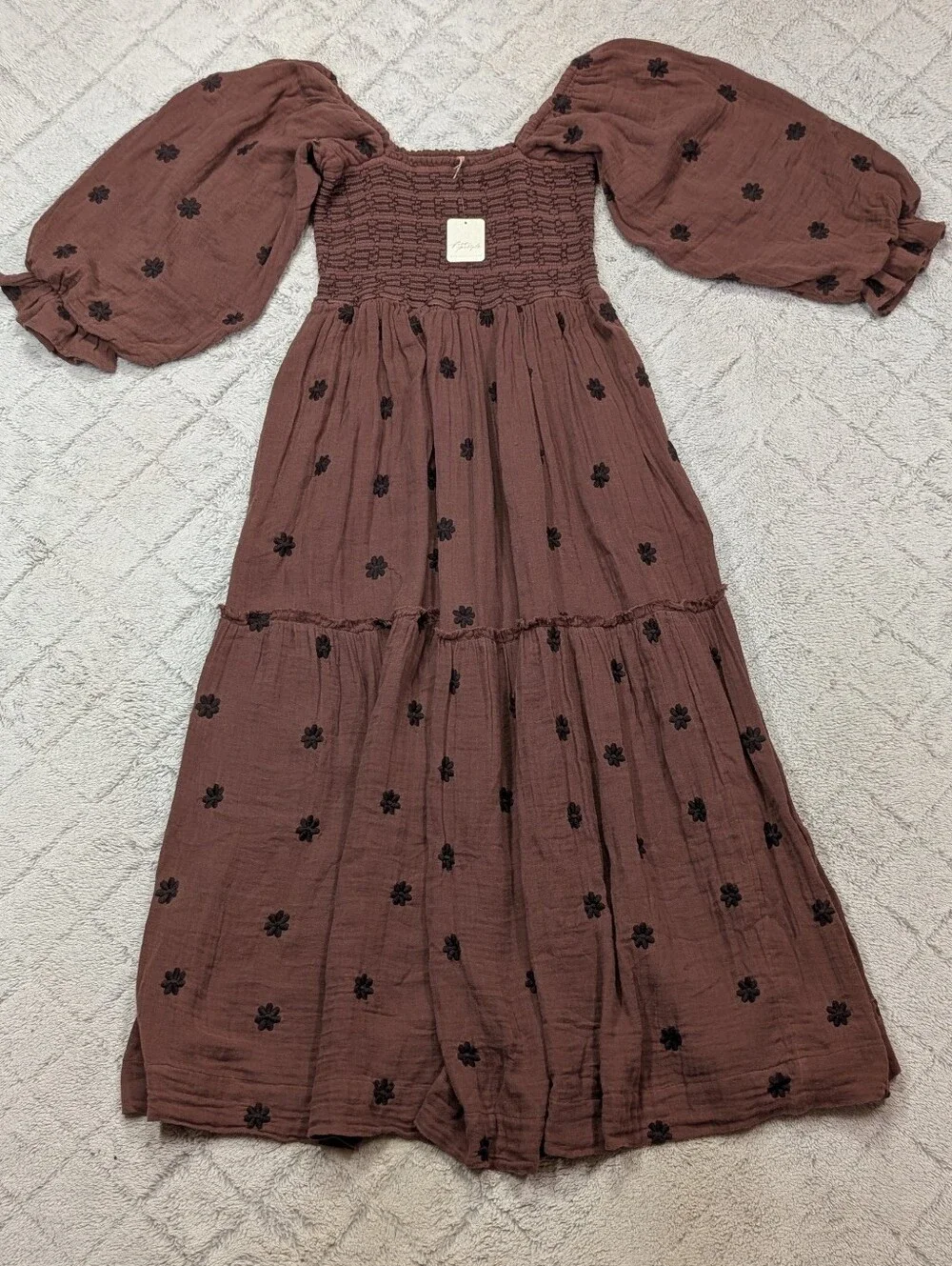 Free People Dress Womens XS Brown Burgundy Road Dahlia Embroidered Tier Maxi
